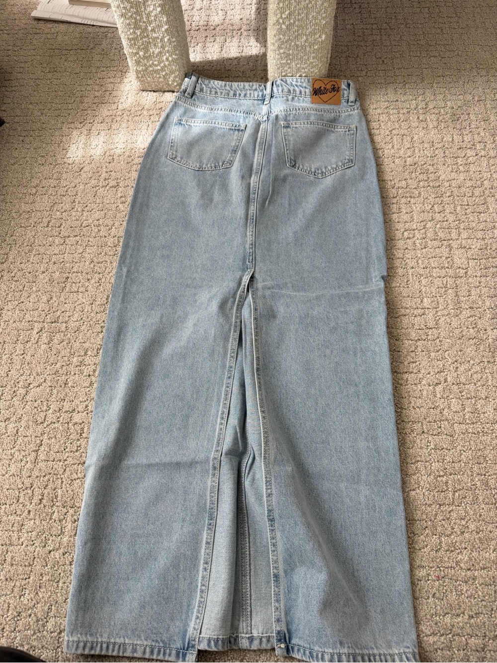 White Fox Boutique Light Blue Denim Maxi Skirt with Back Slit
